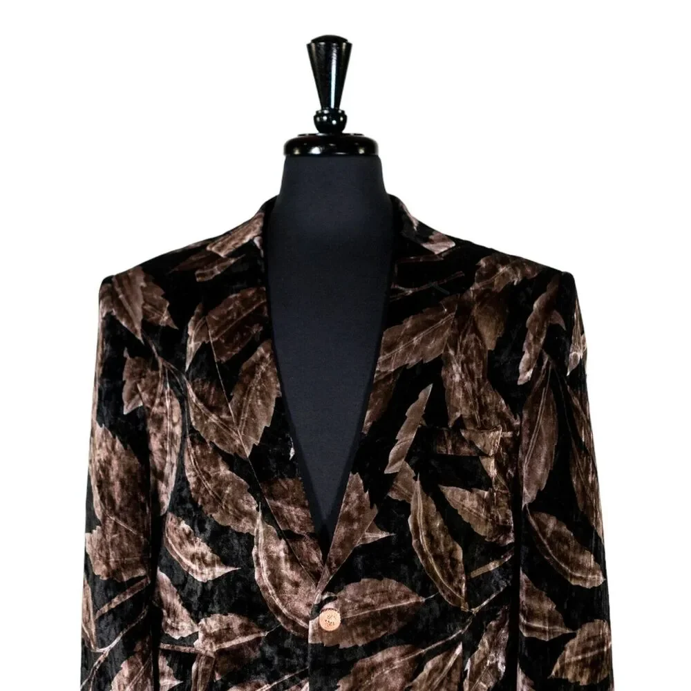 Mens Blazer Brown Black Floral Velvet Luxury Dress Formal Jacket Sport Coat 42R